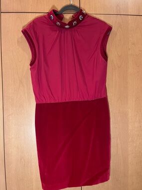 Love Moschino Two-Tone Jewel Neck Mini Dress in Ruby